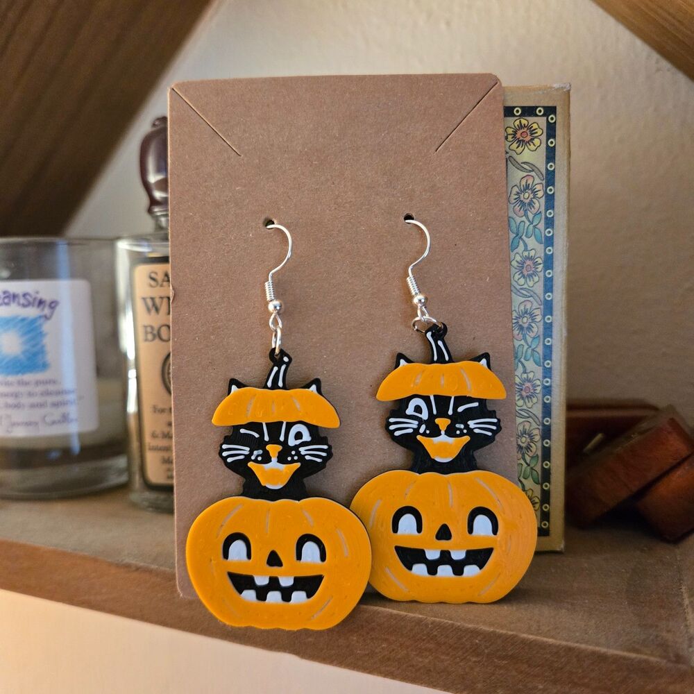 Vintage Style 3D Printed Jack-O'-Lantern & Black Cat Halloween Dangle Earrings